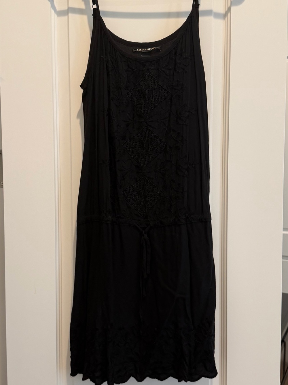 Lucky Brand Black Embroidered Midi Drawstring Dress